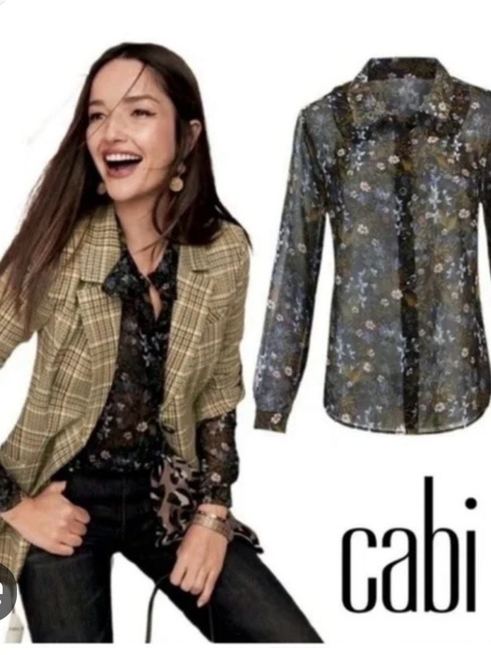 CAbi Style 3593 Floret Black Sheer Floral Button-Down Blouse size S